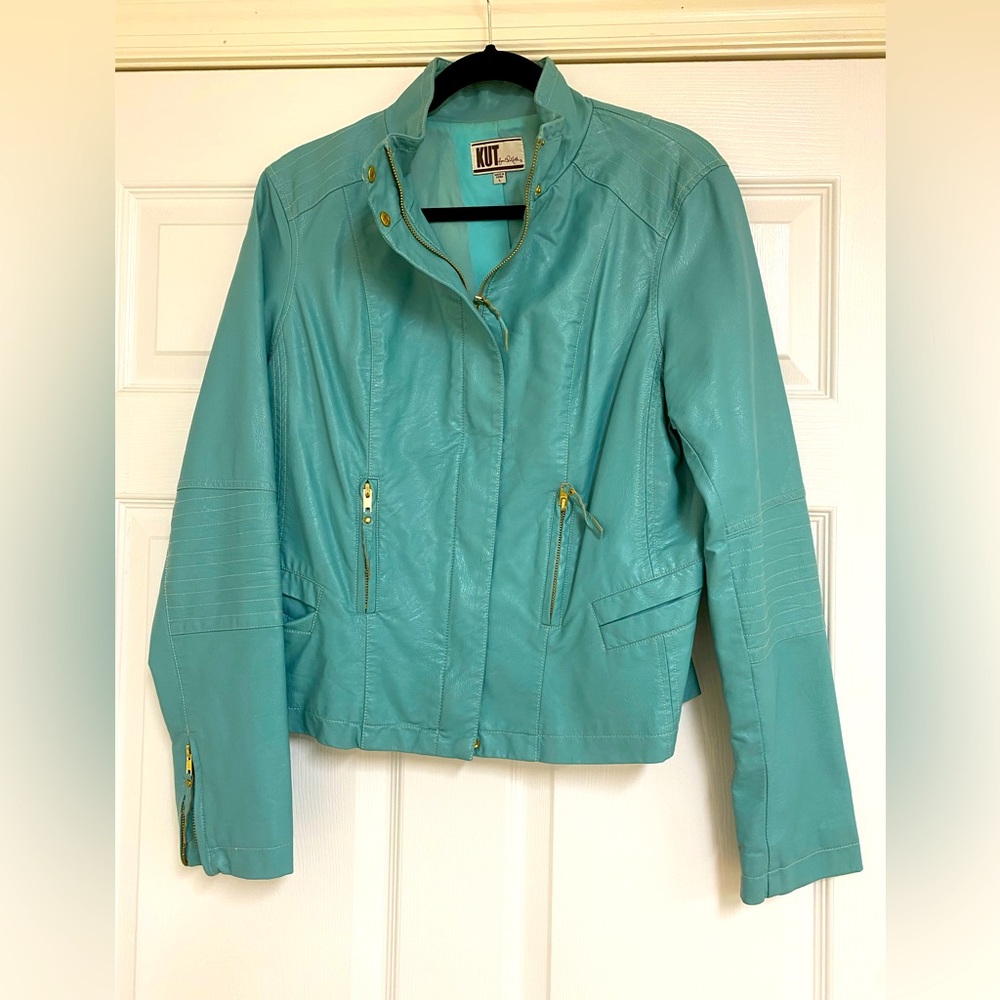 Fashionable teal leather jacket